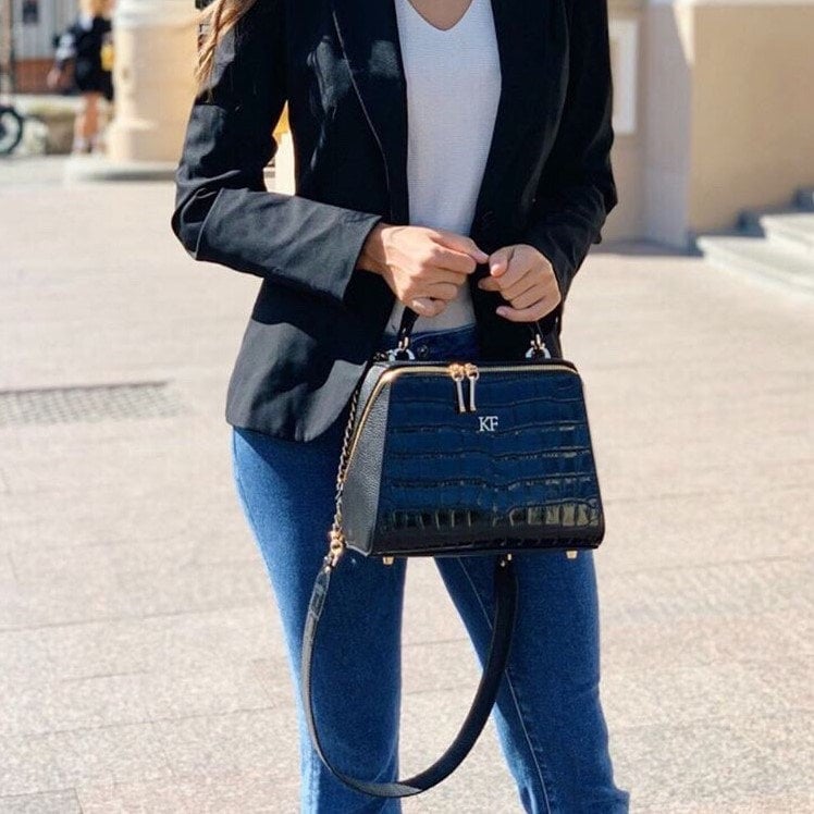 Leather Top Handle Bag, Black Leather Handbag Top Handle, Women's Leather Bag KF-3105 - Image 9