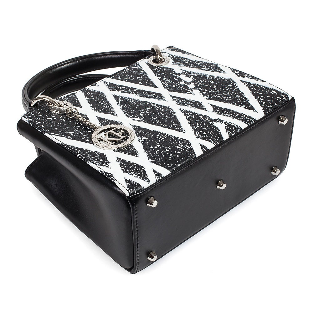 Leather Top Handle Bag, Black-white Leather Handbag Top Handle, Women's Leather Bag KF-3901 - Image 6