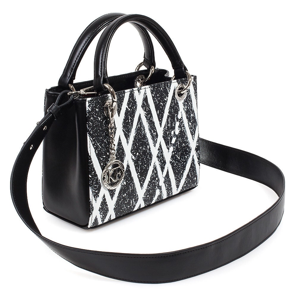 Leather Top Handle Bag, Black-white Leather Handbag Top Handle, Women's Leather Bag KF-3901 - Image 3