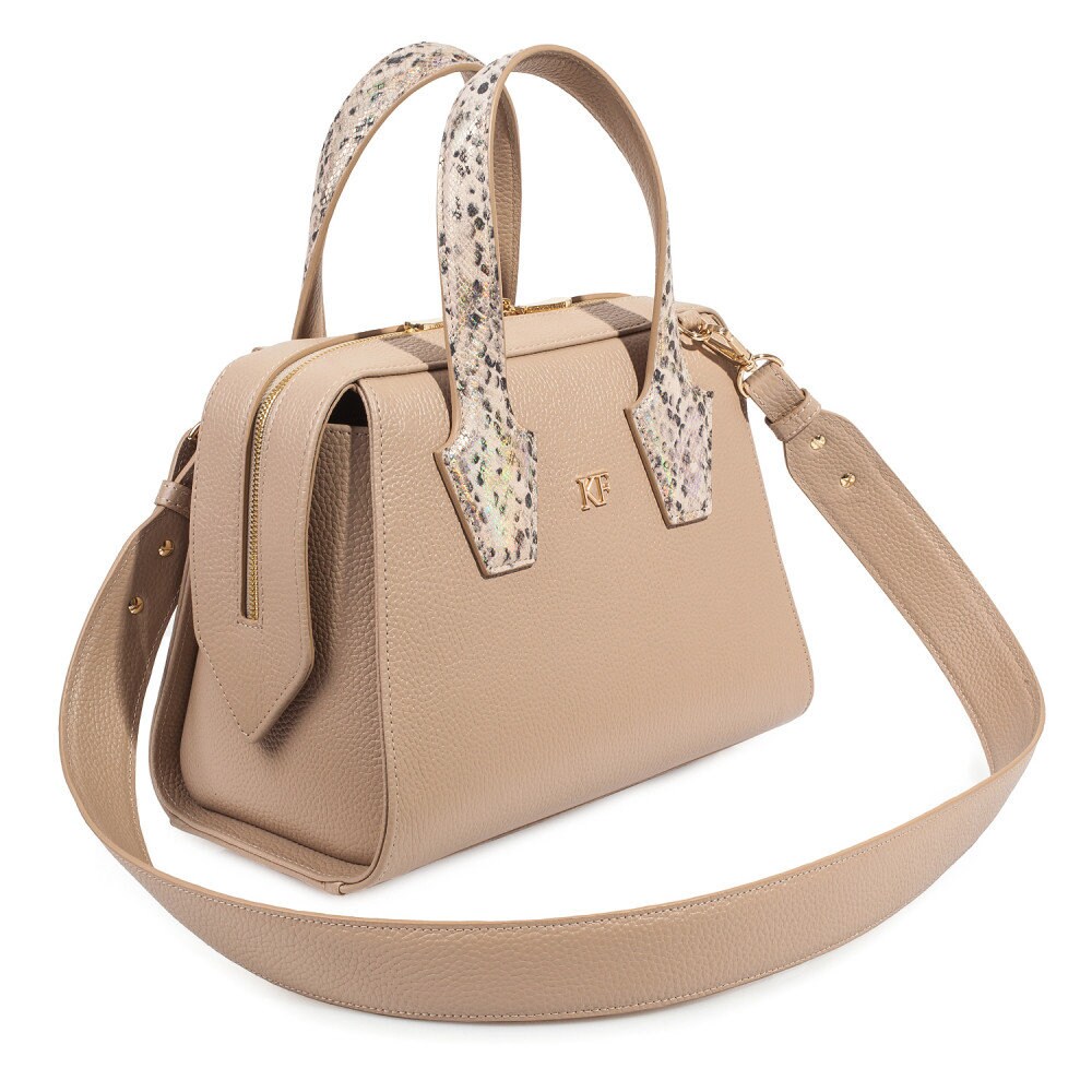 Leather Top Handle Bag, Beige Leather Handbag Top Handle, Women's Leather Bag KF-4176 - Image 2