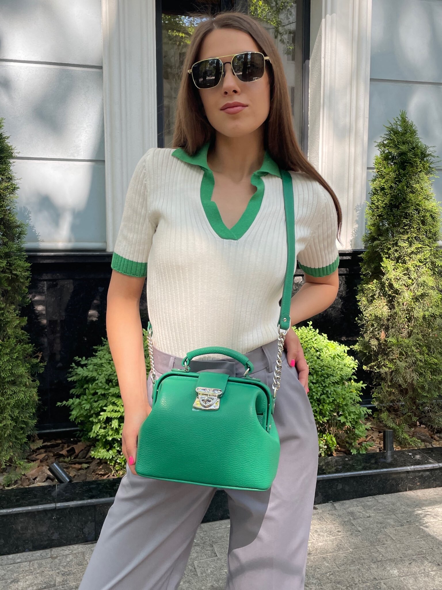 Leather doctor bag for women, Green Leather Shoulder Bag, Women's Leather doctor bag, Leather bag KF-4302 - Image 8