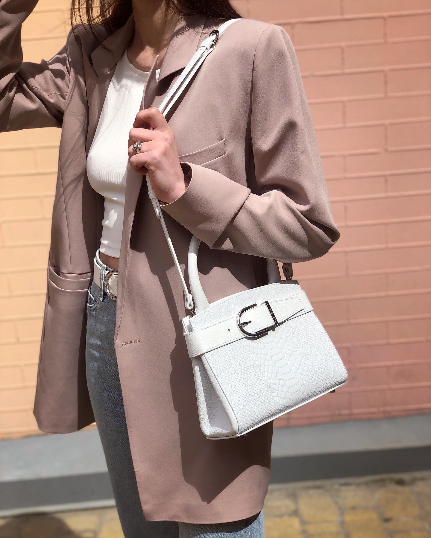 Leather Top Handle Bag, White Leather Handbag Top Handle, Women's Leather Bag KF-4986 - Image 4